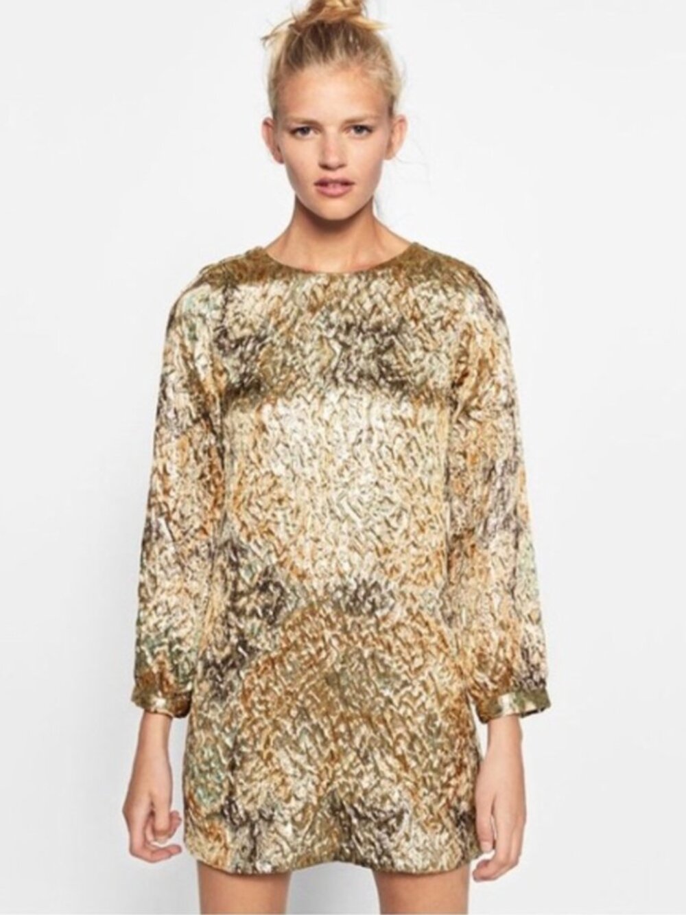 Zara Trafaluc Gold Shimmer Jacquard Dress Size M